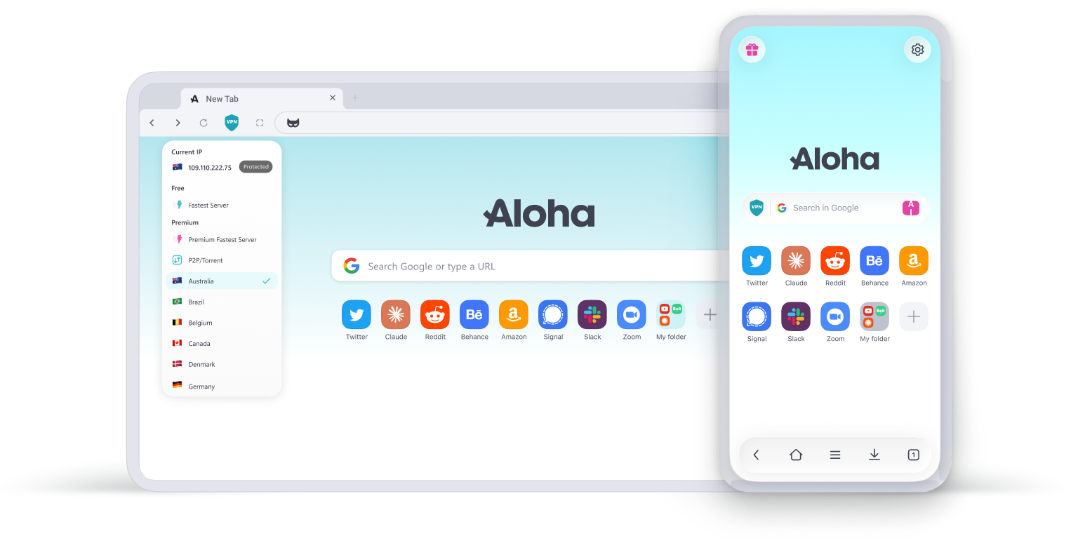 Aloha running on desktop and mobile, with the VPN server list open